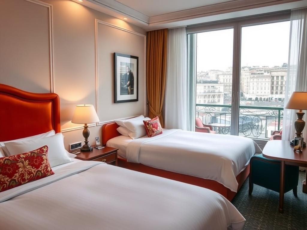 A stylish quadruple room with two double beds, featuring elegant decor inspired by Napoli. The room has a warm, inviting atmosphere with soft lighting and colorful accents. A window with a view of the bustling Vomero neighborhood adds to the charm, while a small seating area enhances comfort.