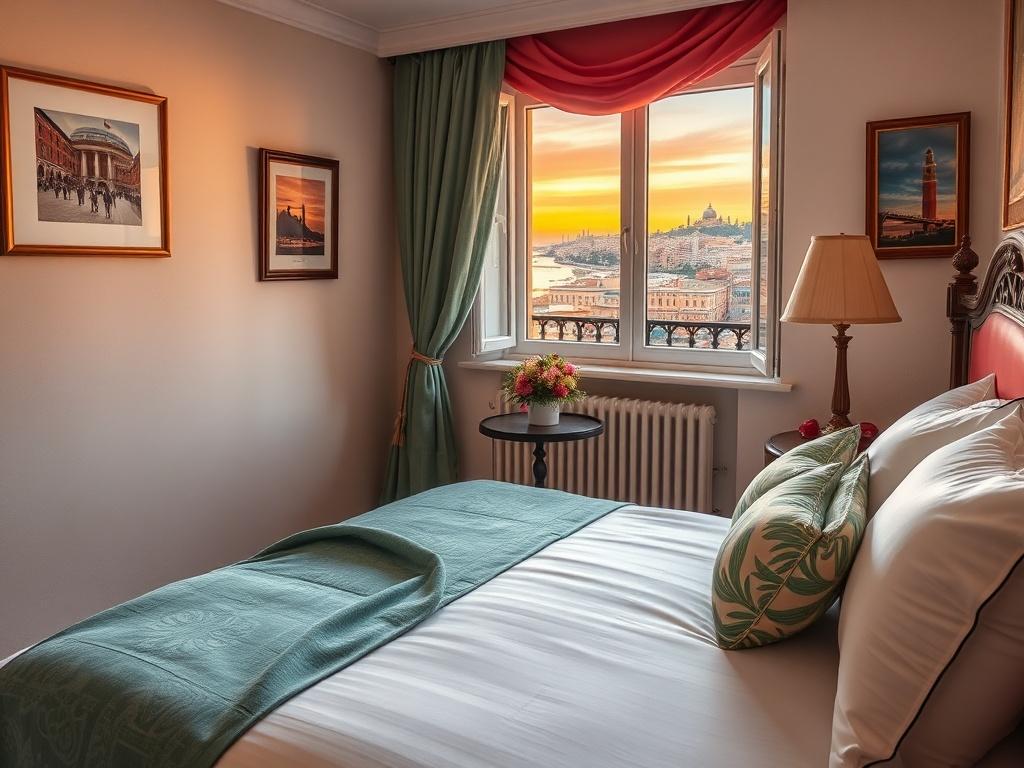 A beautifully decorated cozy family room with two queen beds, warm lighting, and vibrant Napoli-themed decor. The room should have a welcoming atmosphere with soft textures and inviting colors, featuring a window with a view of Napoli's skyline. A small table with fresh flowers adds a touch of elegance.