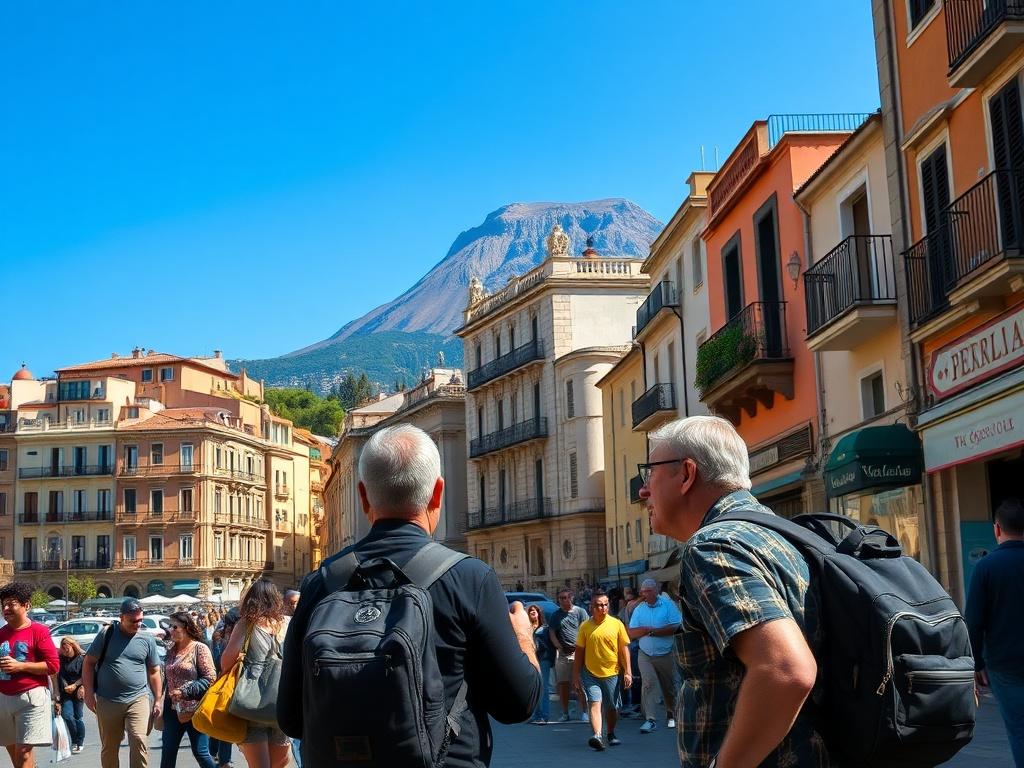 A scenic view of Naples, showcasing the vibrant streets and historic architecture, with a focus on a local guide interacting with a small group of tourists. The background features the iconic Mount Vesuvius, under a clear blue sky. The composition is simple and clear, capturing the lively atmosphere of the city, emphasizing the experience of exploration.