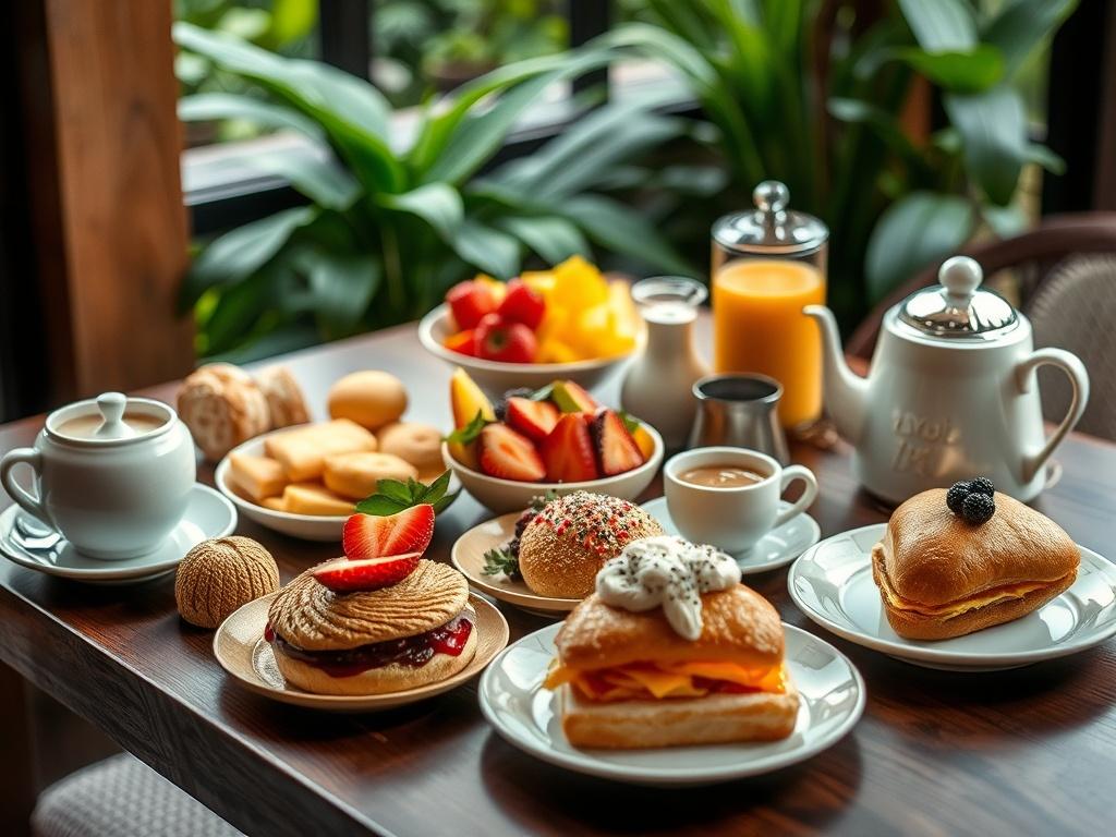 A beautifully arranged breakfast table at Jungle Boutique featuring an assortment of fresh pastries, fruits, and beverages. The image should capture the inviting atmosphere with a touch of greenery in the background, highlighting the vibrant colors of the food, shot in hyper-realistic style with a 45mm f/1.2 lens.