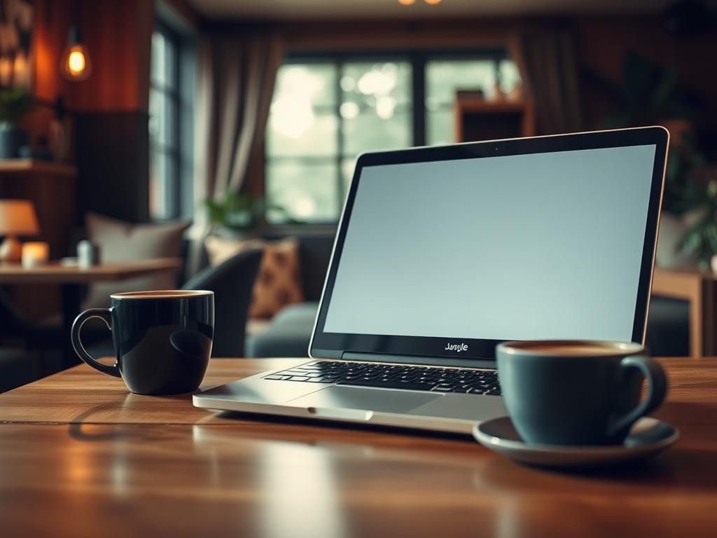 A close-up shot of a laptop on a wooden desk in a cozy room at Jungle Boutique, showcasing an inviting workspace with a cup of coffee beside it. The background should include subtle hints of greenery and warm lighting, creating a comfortable atmosphere, captured in hyper-realistic style with a 45mm f/1.2 lens.