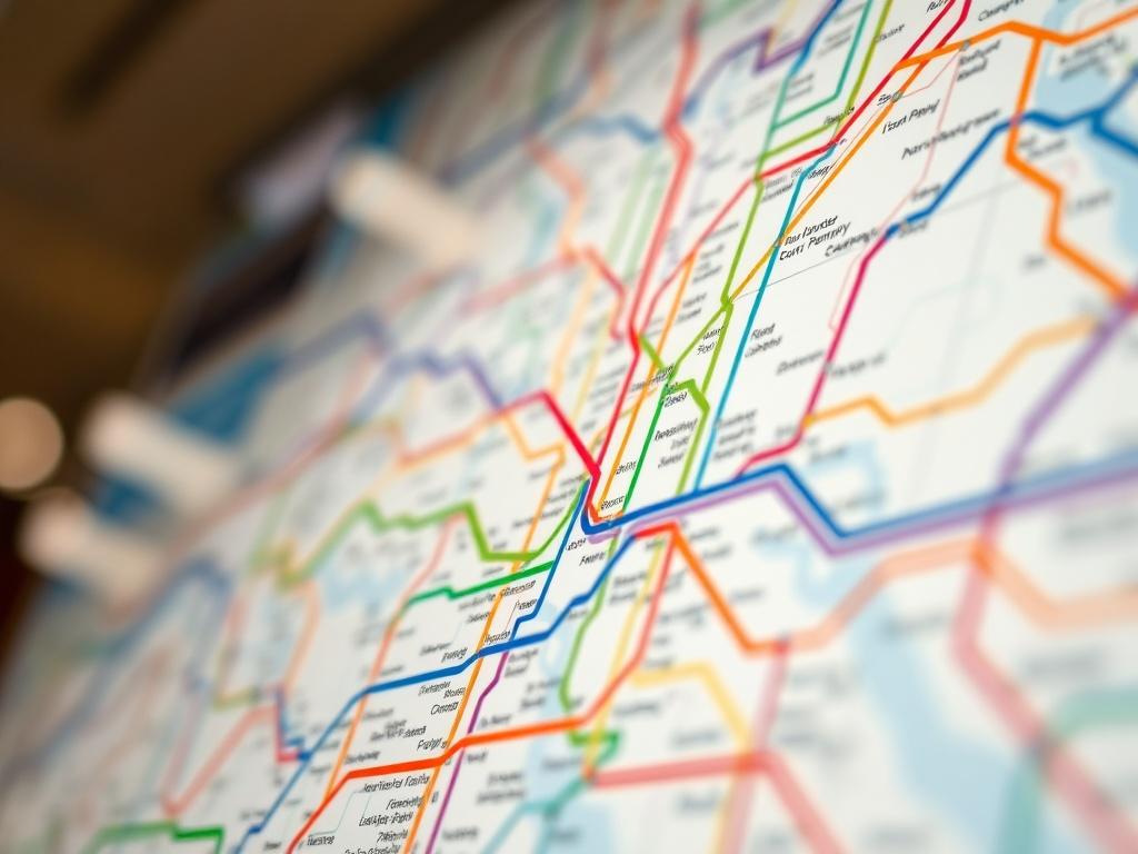 A realistic close-up shot of a public transport map of Naples, Italy, featuring colorful metro lines and bus routes. The background should be softly blurred to emphasize the map details, shot with a 45mm f/1.2 lens style, and aligned with the color #1C6220.