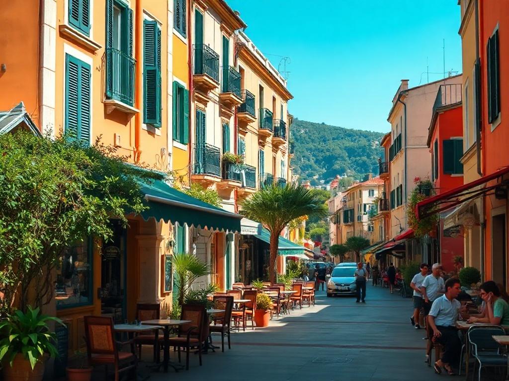 A beautiful street view of the Vomero neighborhood in Naples, showcasing vibrant buildings and lush greenery. The focus should be on a charming café with outdoor seating, inviting visitors to relax. In the background, capture a glimpse of the stunning skyline and hills, emphasizing the peaceful atmosphere. The lighting should be bright and warm, reflecting a sunny day, with a clear blue sky overhead.