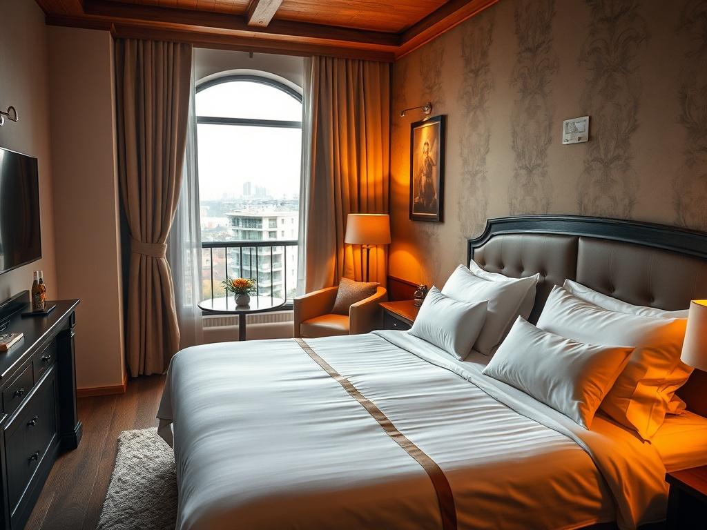 A cozy quadruple room at Jungle Boutique featuring a warm and inviting atmosphere with comfortable beds. The room should have soft lighting, a welcoming decor, and a view of the city through a window. The focus is on a beautifully made bed with plush pillows, a small seating area, and warm color tones creating a relaxing environment.