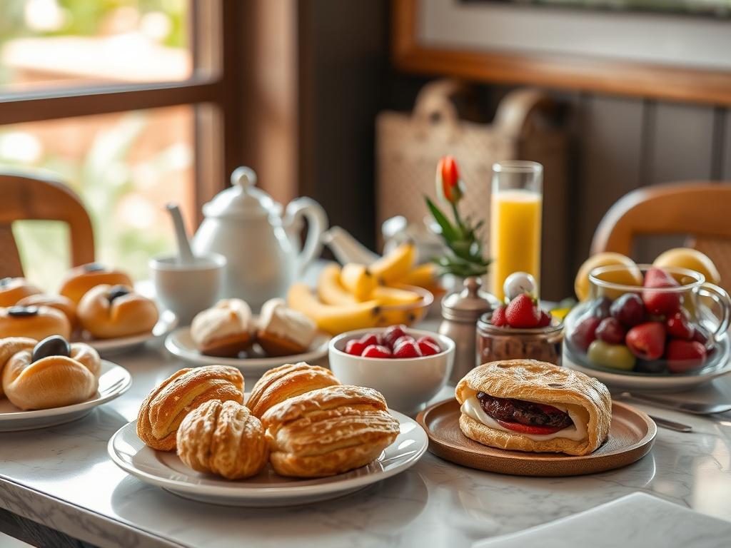 A beautifully arranged breakfast table at Jungle Boutique featuring a variety of delicious foods. Include fresh pastries, fruits, and coffee in a warm, inviting setting. The image should capture the essence of a delightful start to the day with natural light illuminating the food, creating an inviting atmosphere.