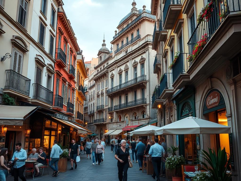 A scenic view of Vomero showcasing local attractions such as cafes and historical sites. The image should feature lively streets with people exploring, capturing the vibrant culture of Naples. Focus on the beauty of the architecture and the inviting atmosphere of the neighborhood, conveying a sense of adventure.