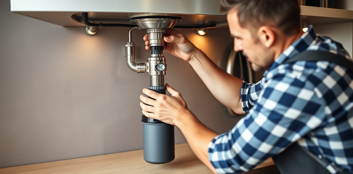 Professional plumber repairing garbage disposal