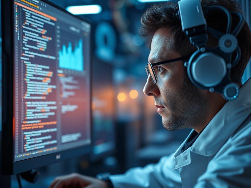 A close-up shot of a researcher working on AI algorithms, surrounded by advanced technology interfaces and data visualizations. The researcher is focused on a computer screen displaying code and graphs, conveying a sense of innovation and expertise. The background is softly blurred to emphasize the subject, featuring high-tech elements like circuit patterns and digital interfaces, all harmonizing with the primary color #136A5C.