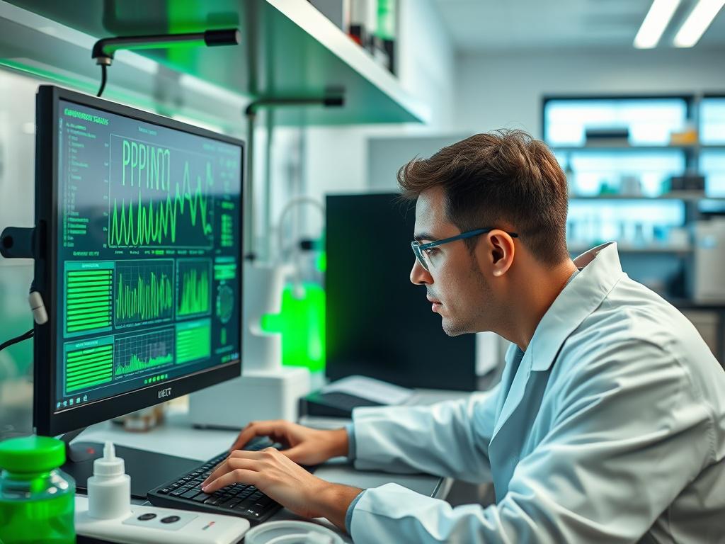 A close-up shot of a scientist working diligently in a modern laboratory, using a high-tech computer interface to analyze data for PCR optimization. The background features lab equipment and vibrant green elements to reflect innovation and technology. The image is hyper-realistic, shot with a 45mm f/1.2 lens, showcasing precision and focus.