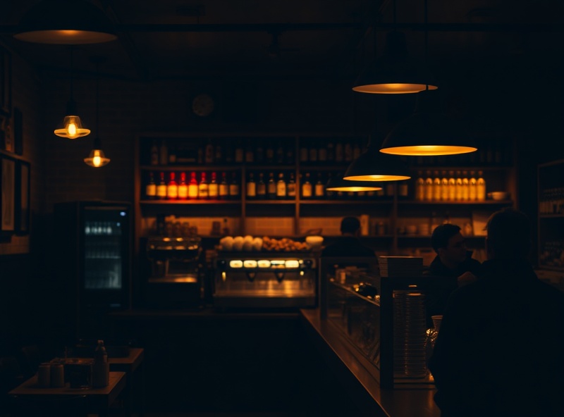 Intimate coffee bar interior at dusk