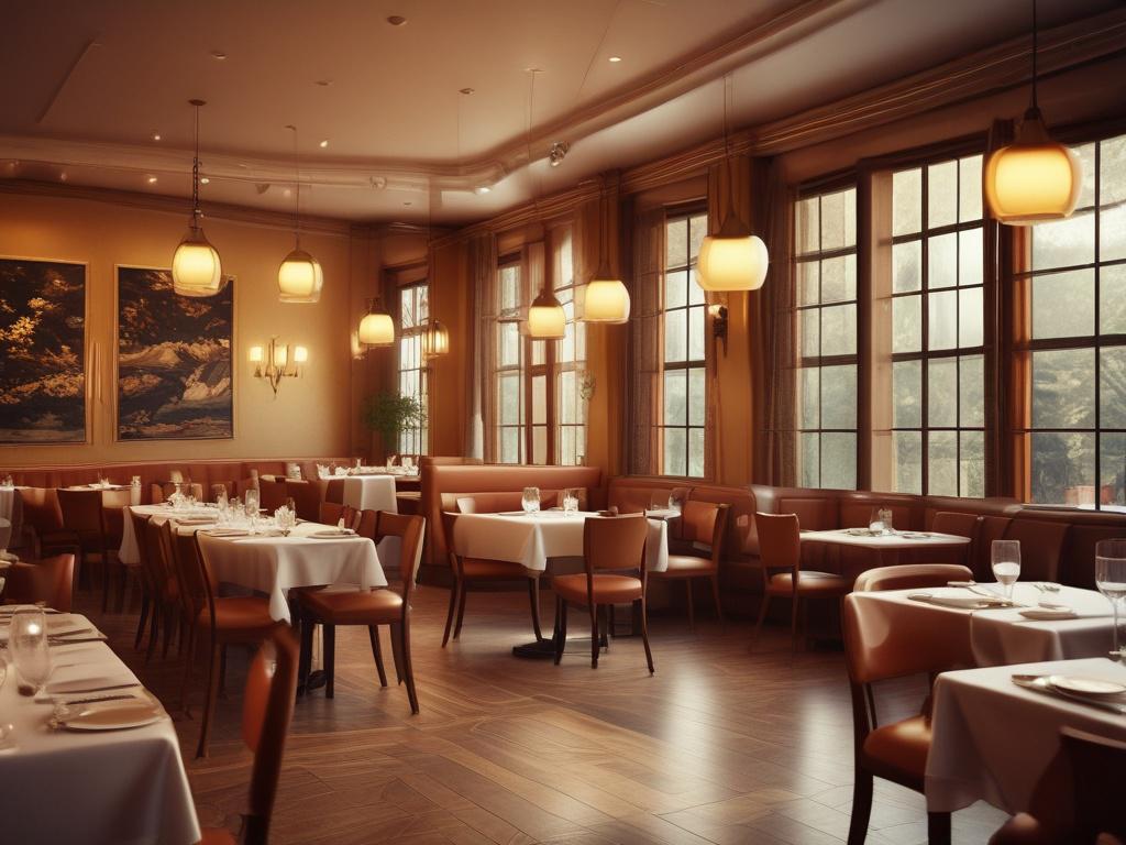 a cozy restaurant interior with soft lighting, warm colors, and