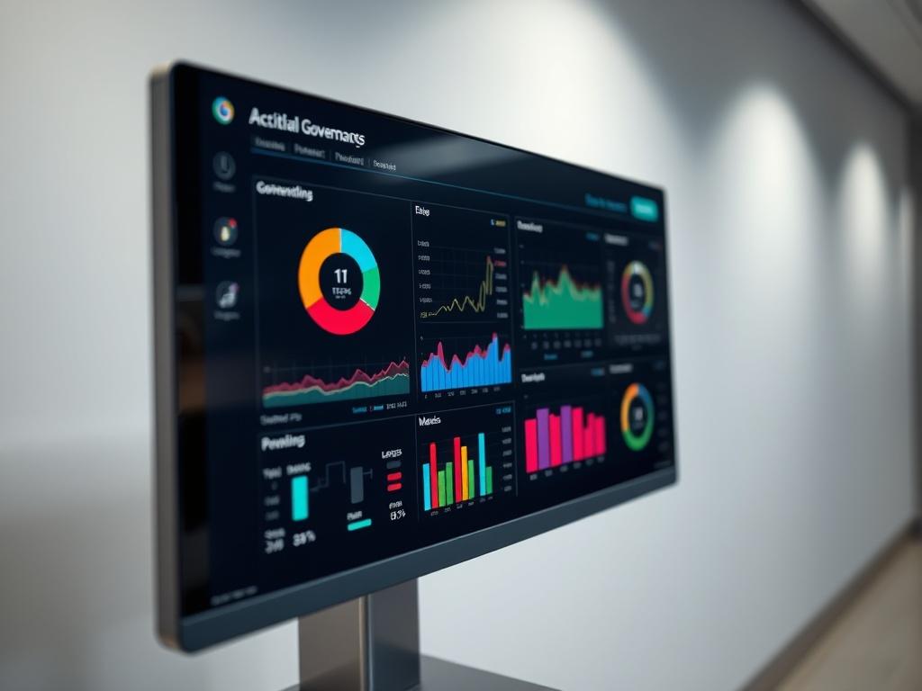 A close-up shot of a sleek, modern digital dashboard displaying various metrics related to governance, risk, and compliance. The dashboard features colorful graphs and indicators, set against a subtle, professional background that conveys a sense of security and efficiency. The image should be hyper-realistic, capturing the detail and clarity of the dashboard elements, shot with a 45mm f/1.2 lens style, with a focus on the dashboard as the main subject.