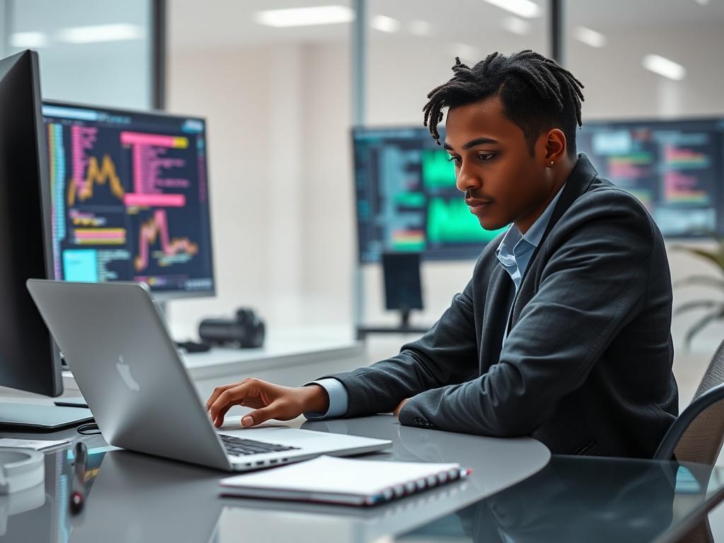 **AI Image Generation Prompt:**

Create a highly realistic high-resolution photo that visually represents the blog titled "Incident Response Under NIS2 – What You Need to Know" by Savion Solutions. The composition should be simple and clear, featuring a single subject: a professional cybersecurity analyst, deeply focused and engaged in examining data on a laptop. 

The analyst should be portrayed as a diverse individual, wearing smart casual attire and sitting at a sleek, modern desk. The desk should be clu