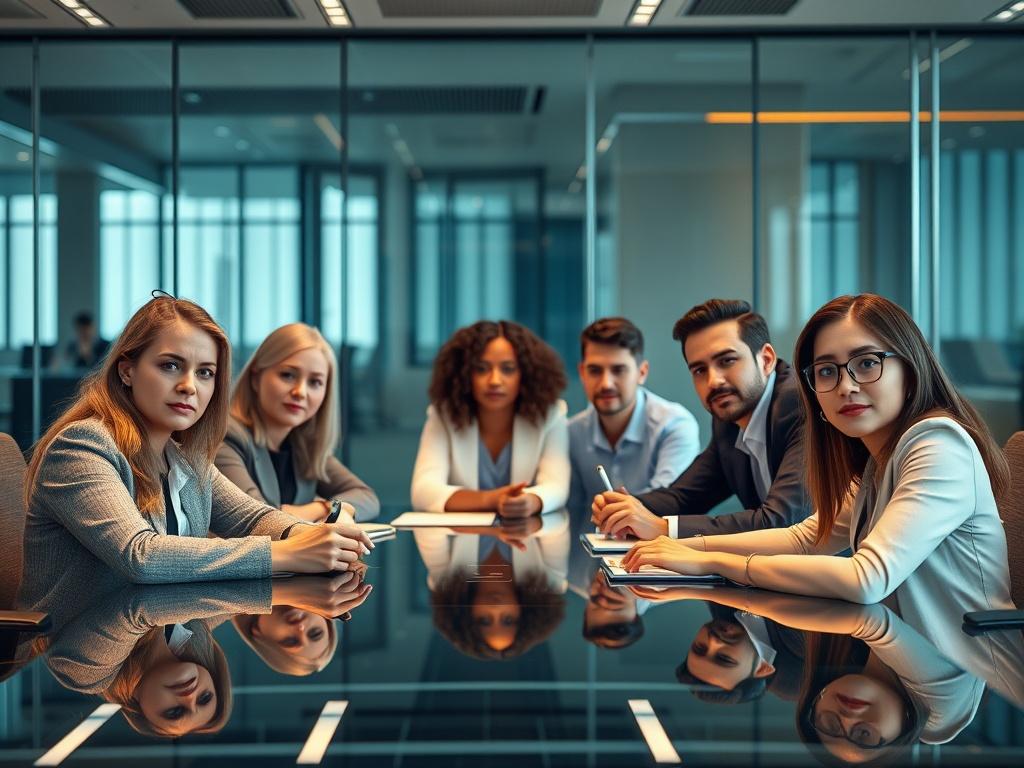 **AI Image Generation Prompt:**

Create a hyper-realistic, high-resolution photograph that visually represents the critical theme of "NIS2 in Finance – What Banks and Insurers Must Know." The image should feature a single, focused subject: a thoughtful, diverse group of financial executives engaged in a discussion around a high-tech conference table. They should appear concerned yet professional, symbolizing the weight of compliance responsibilities they face. 

The executives should be portrayed with facia