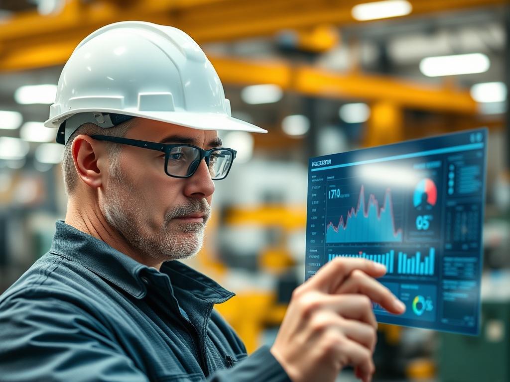 **AI Image Generation Prompt:**

Create a realistic high-resolution photograph that captures the essence of "NIS2 in Manufacturing & Supply Chains – The Hidden Weak Link" for Savion Solutions. The composition should be simple and clear, focusing on a single subject: a manufacturing professional in a modern industrial setting. 

Subject Matter: The image features a mid-aged Caucasian male engineer, wearing a hard hat and safety glasses, intently inspecting a digital dashboard displaying supply chain metrics.