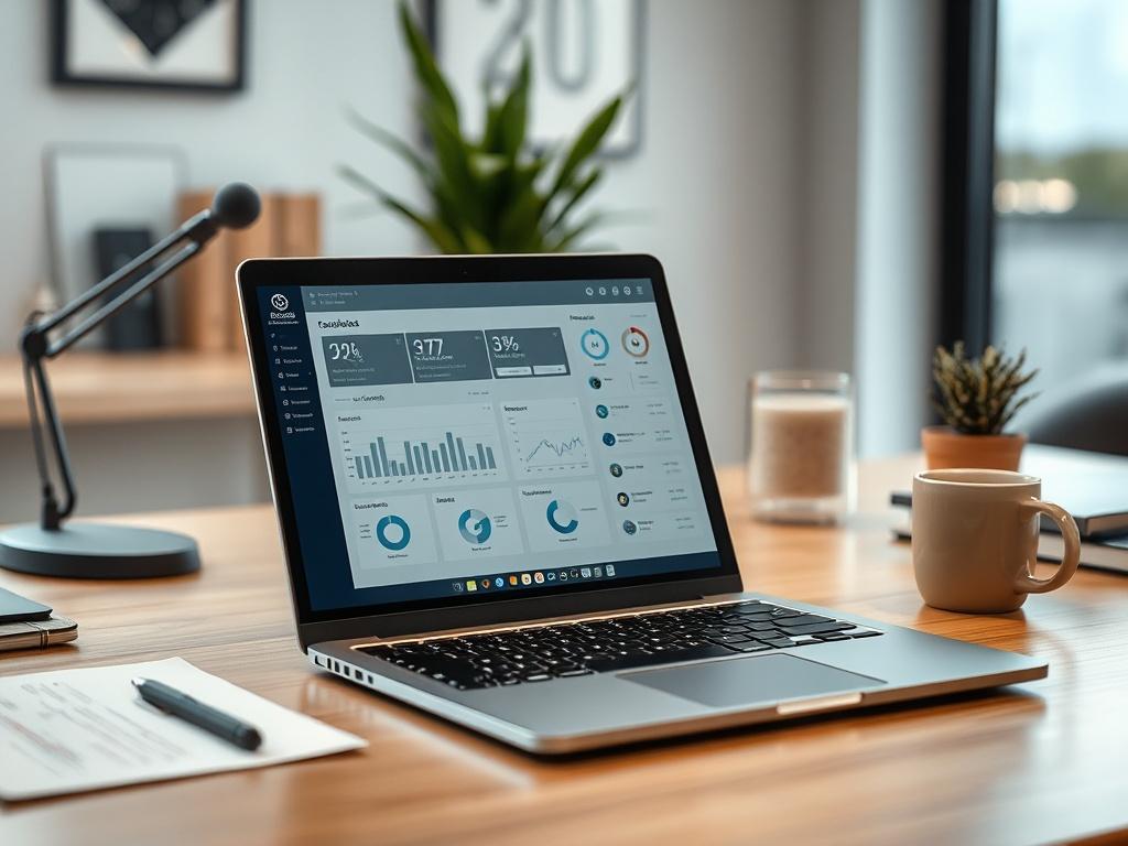 **Prompt for AI Image Generation:**

Create a realistic high-resolution image featuring a single subject that embodies the theme of "Secure your workspace." The scene should depict a modern office desk setup, with a focus on a sleek laptop displaying a cybersecurity dashboard interface. Position the laptop slightly off-center to the left, allowing for a clear view of the screen and its informative graphs and statistics.  

The background should be softly blurred to emphasize the subject, showcasing an organ