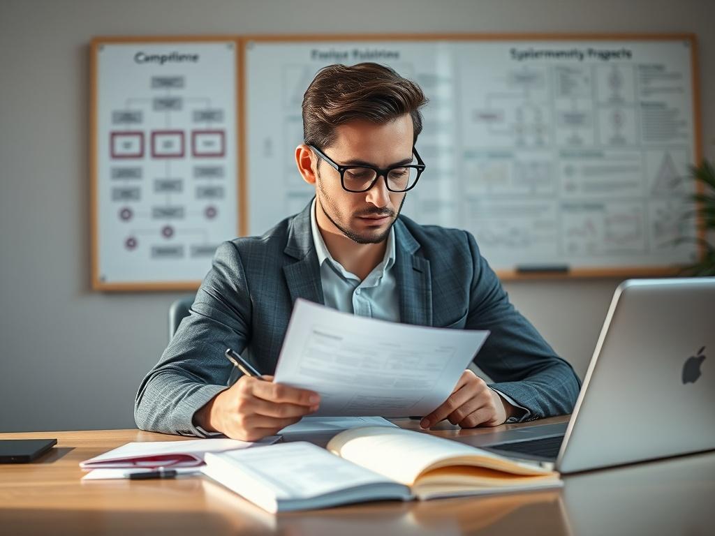 **AI Image Generation Prompt:**

Create a realistic high-resolution photo that embodies the essence of "NIS2 Readiness: From Awareness to Action." The image should feature a solitary professional seated at a modern desk, deep in thought, examining cybersecurity compliance documents with a laptop open. The subject should be shown in a close-up shot, emphasizing their focused expression as they take notes and strategize. 

The color palette should align with the #136A5C primary color of Savion Solutions, crea