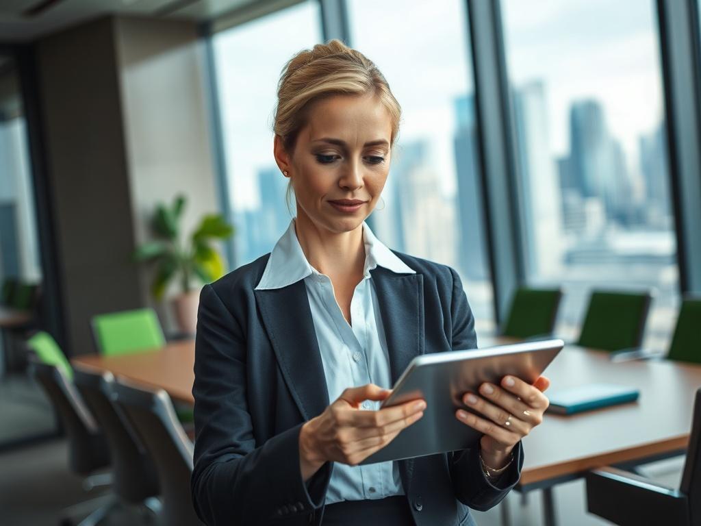 **AI Image Generation Prompt:**

Create a realistic high-resolution photo that captures the essence of corporate accountability and cybersecurity governance under NIS2. The composition should be simple and clear, featuring a single subject: a confident board member or director (a middle-aged Caucasian woman in a modern business suit) engaging thoughtfully with a digital tablet. 

The background should depict a stylishly designed boardroom in a modern corporate setting, with large windows showing a sleek cit