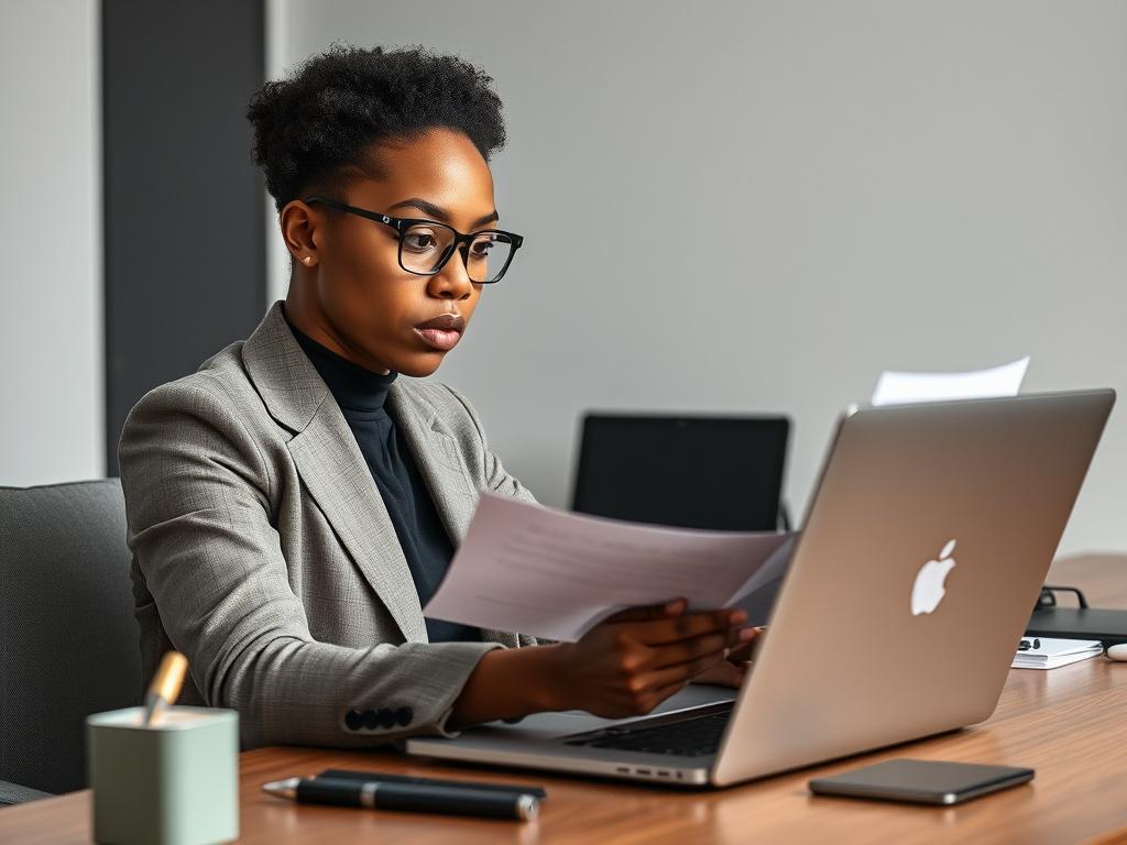 **AI Image Generator Prompt:**

Create a realistic high-resolution close-up photograph that embodies the theme of cybersecurity compliance and urgency related to the NIS2 Directive. The image should feature a focused subject: a confident cybersecurity consultant seated at a sleek modern desk. The consultant, a diverse individual in professional attire, is intently reviewing compliance documents on a laptop. Their expression should convey determination and expertise.

The background should be minimal and unc