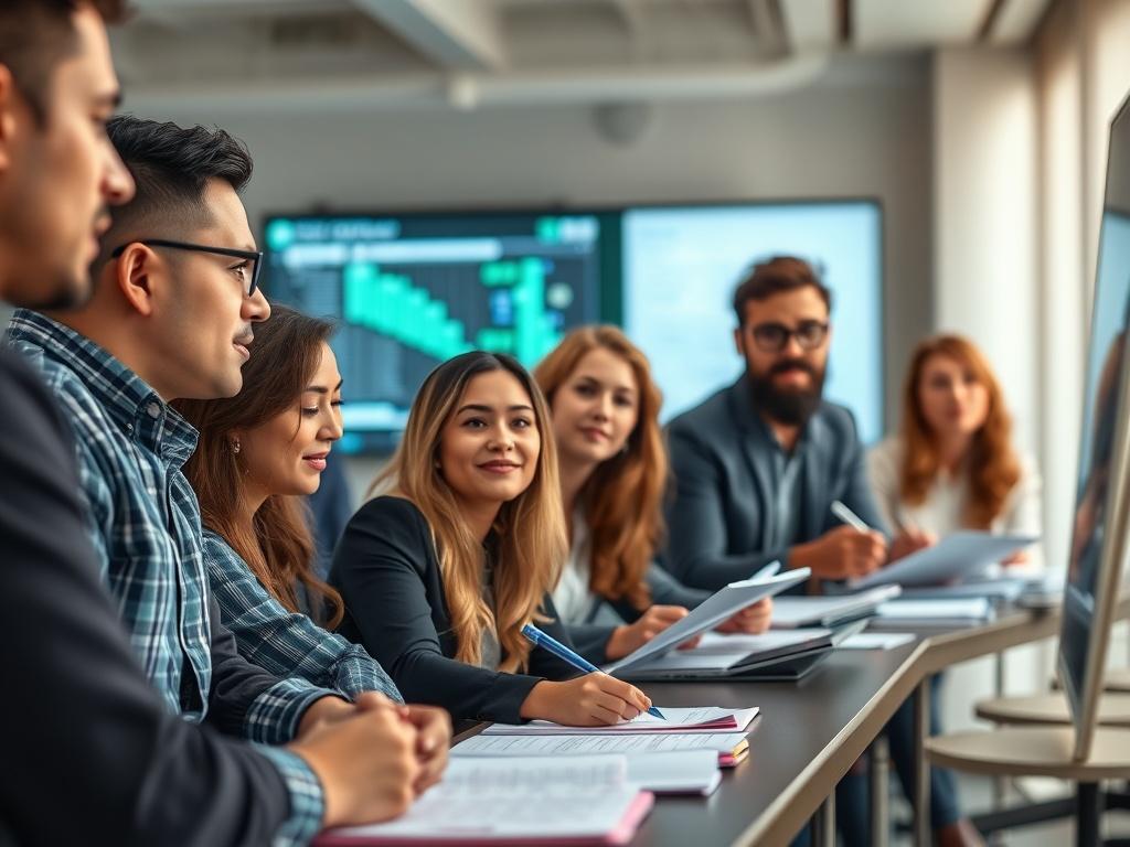 A close-up shot of employees participating in a cybersecurity training session. They are engaged, taking notes, and interacting with a trainer who is presenting information on a screen. The environment is modern and bright, emphasizing a positive learning atmosphere. Ensure the focus is on the expressions of curiosity and engagement among attendees, with a soft-focus background that complements the #136A5C color scheme.