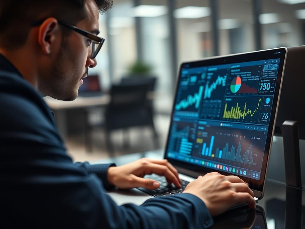 A close-up shot of a cybersecurity professional analyzing data on a laptop. The professional is focused, with a high-resolution screen displaying cybersecurity metrics and graphs. The background features a modern office environment, emphasizing a sense of professionalism and expertise. The image should have a clean composition, highlighting the individual while using a soft-focus effect on the background. Ensure the color palette aligns with #136A5C.