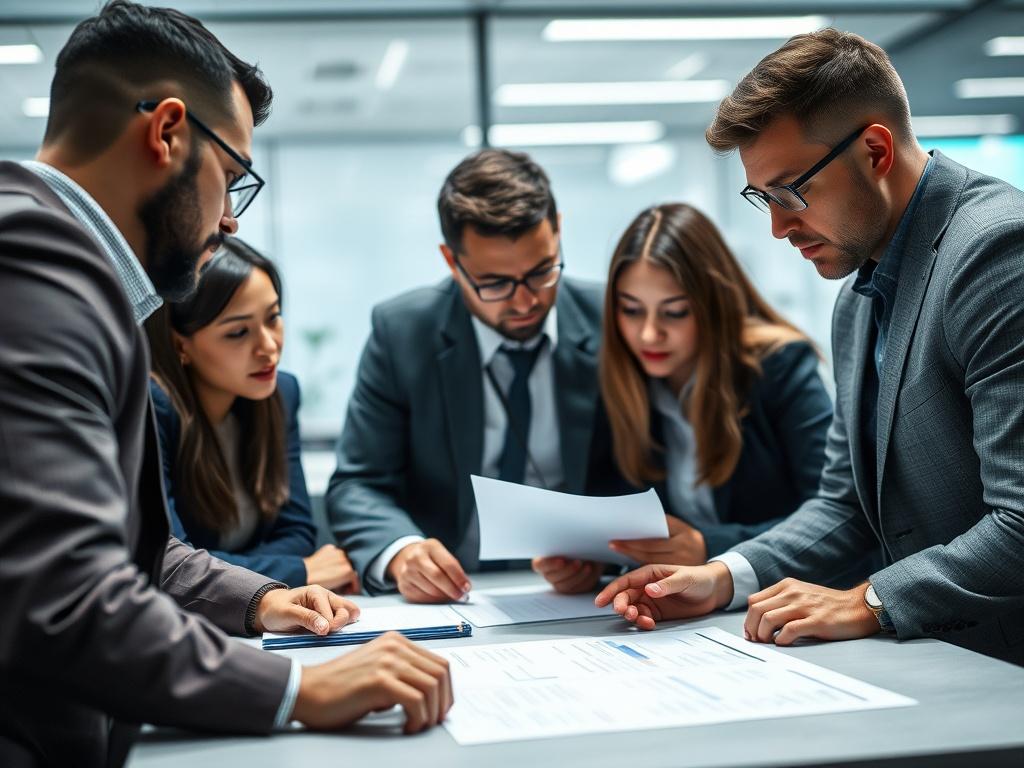 A close-up image of a team of cybersecurity experts engaged in a strategy meeting. They are gathered around a table, reviewing incident response documents and discussing action plans. The atmosphere conveys focus and collaboration. The image should highlight diverse team members and their engagement, with a modern office background that reflects a professional environment. Utilize a soft blur for the background while ensuring the colors match #136A5C.
