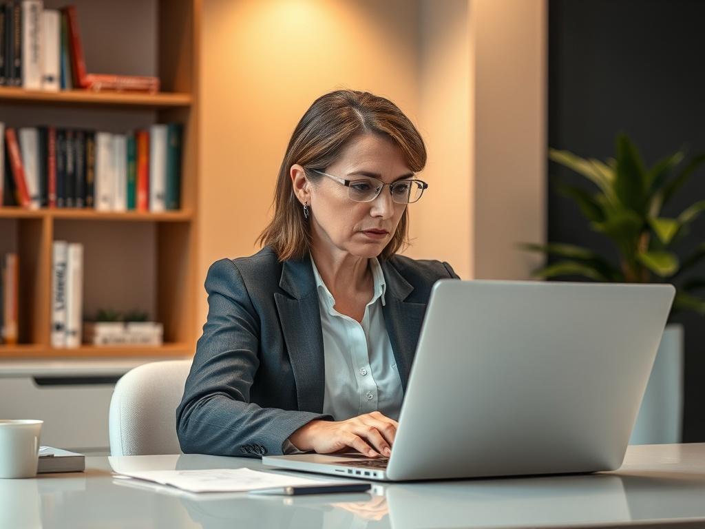 **AI Image Generation Prompt:**

Create a realistic high-resolution photo for a blog titled "NIS2 for SMEs – Are You Indirectly in Scope?" The composition should feature a business professional, a mid-aged individual, seated at a modern desk in a stylish office environment. The subject, a focused woman or man, should be dressed in business attire and looking thoughtfully at a laptop screen, which displays cybersecurity graphs and compliance checklists (no text visible). The background should be filled with 