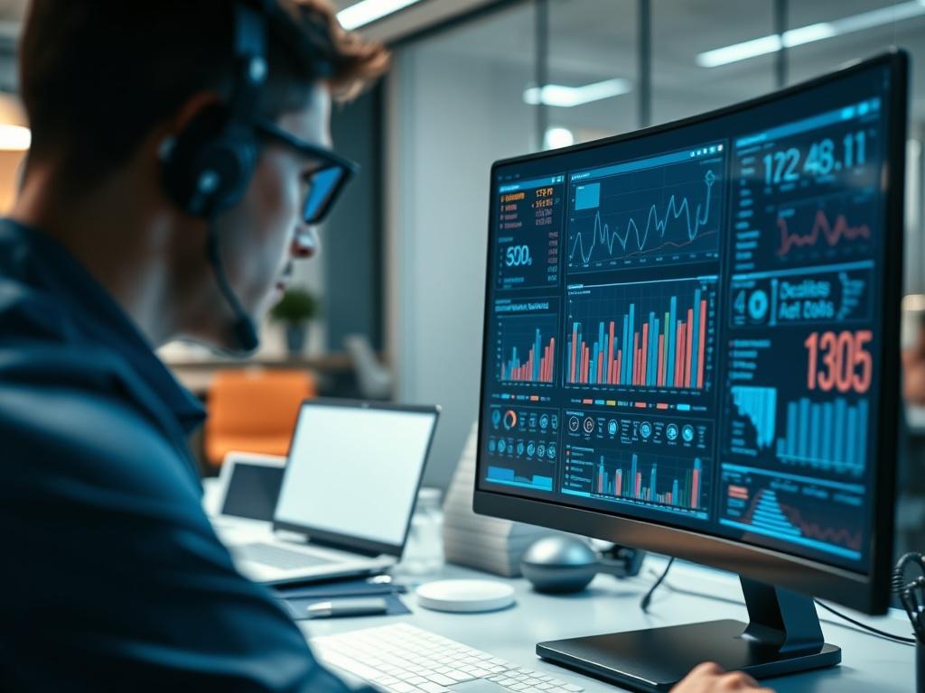 A close-up shot of a cybersecurity analyst examining data on a high-resolution screen, with visual graphs and metrics displayed. The setting is a modern office, featuring sleek technology and a focused atmosphere. The image captures the essence of risk assessment in cybersecurity, emphasizing attention to detail and analytical skills. The primary color of the scene is #136A5C, creating a harmonious and professional look.