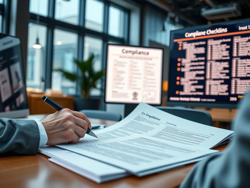 A close-up shot of a compliance consultant reviewing documents and regulations in a modern office, with a focus on legal papers and digital screens displaying compliance checklists. The setting conveys a serious yet professional atmosphere, emphasizing the importance of compliance in cybersecurity. The primary color #136A5C is incorporated into the design, highlighting the brand's identity.