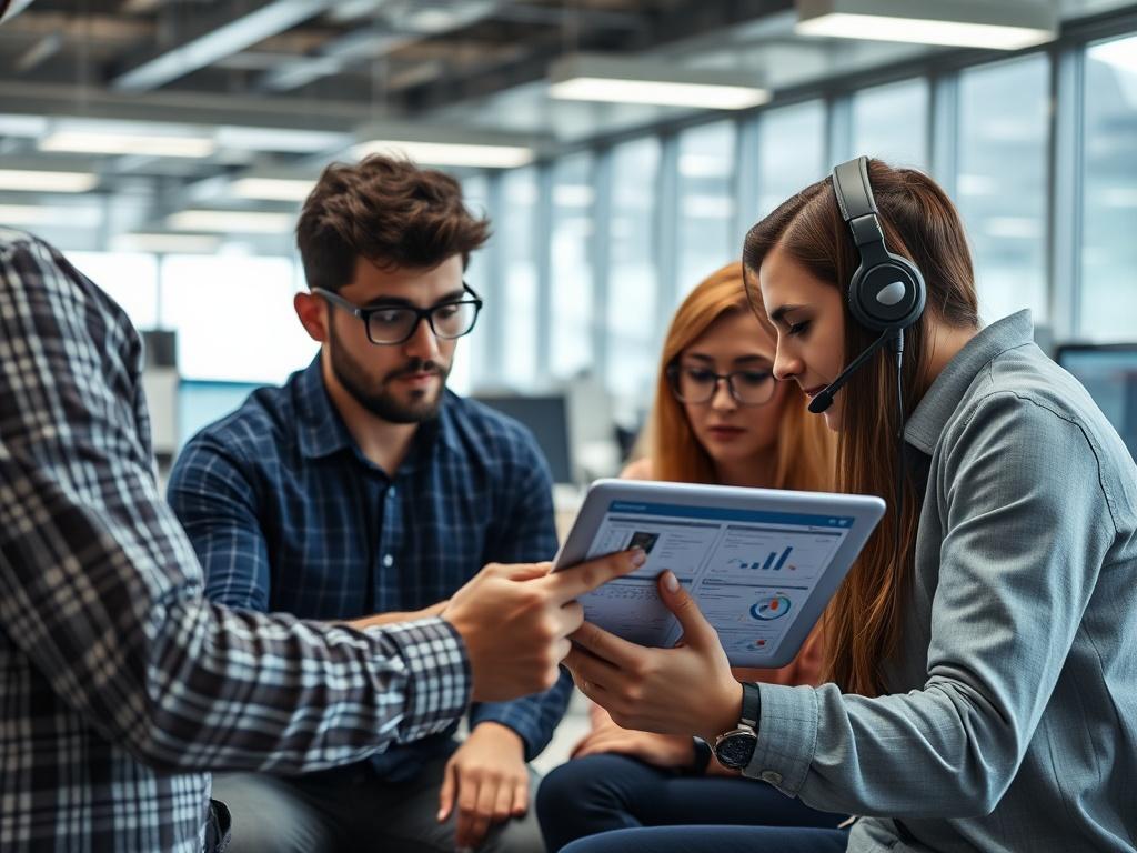 A close-up shot of a cybersecurity team engaged in a strategy session, analyzing incident response plans on a digital tablet. The background showcases a modern office environment filled with technology and collaboration. Emphasizing teamwork and preparedness, the image reflects the importance of effective incident response. The primary color #136A5C enhances the professional atmosphere.