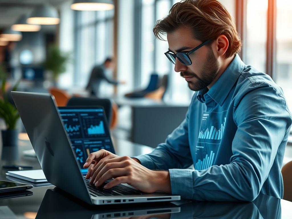 A close-up shot of a cybersecurity expert analyzing data on a laptop in a modern office setting. The background should be blurred to emphasize the expert's focused expression while they scrutinize graphs and statistics related to risk assessment. The scene should have a professional atmosphere, with a clean and organized workspace, incorporating the color #136A5C into the decor.