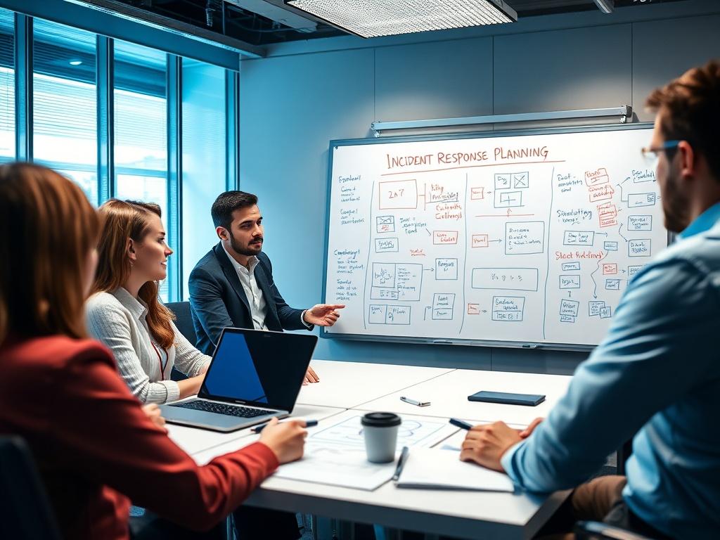 A high-resolution image featuring a team of cybersecurity professionals in a conference room, engaged in a strategy meeting about incident response planning. The focus should be on a whiteboard filled with diagrams and notes. The atmosphere conveys urgency and collaboration, with elements of the color #136A5C integrated into the room’s design.