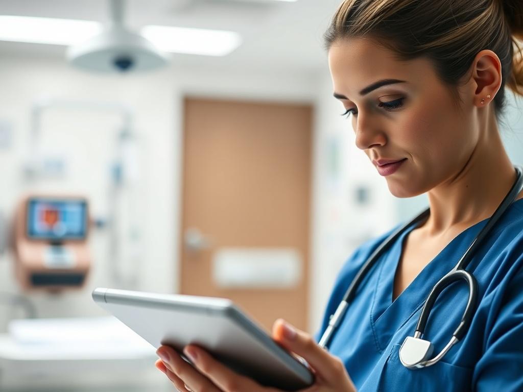 A hyper-realistic close-up of a healthcare professional reviewing cybersecurity protocols on a tablet. The background features a well-lit hospital setting with medical equipment subtly blurred. The focus is on the professional's concentrated expression, dressed in scrubs, symbolizing commitment to patient safety.