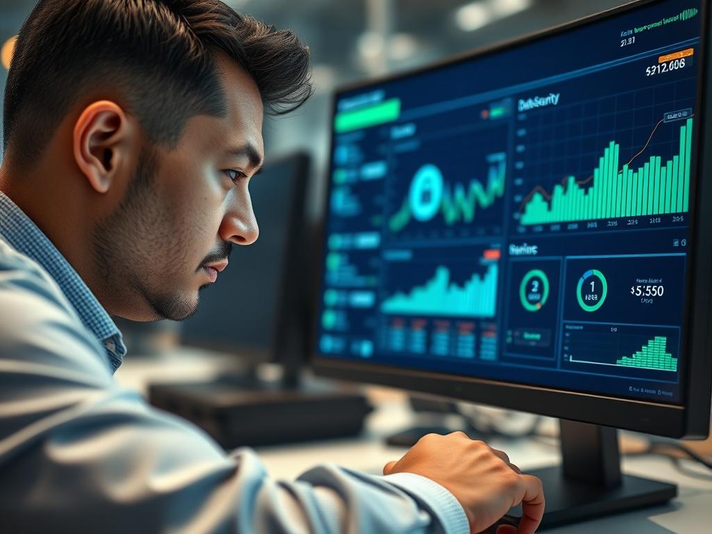 A close-up shot of a cybersecurity analyst working on a computer screen displaying data security metrics. The setting is a modern office with soft lighting, showcasing a focused expression on the analyst's face. The background is blurred to emphasize the subject, with a color palette dominated by deep blue and green tones.