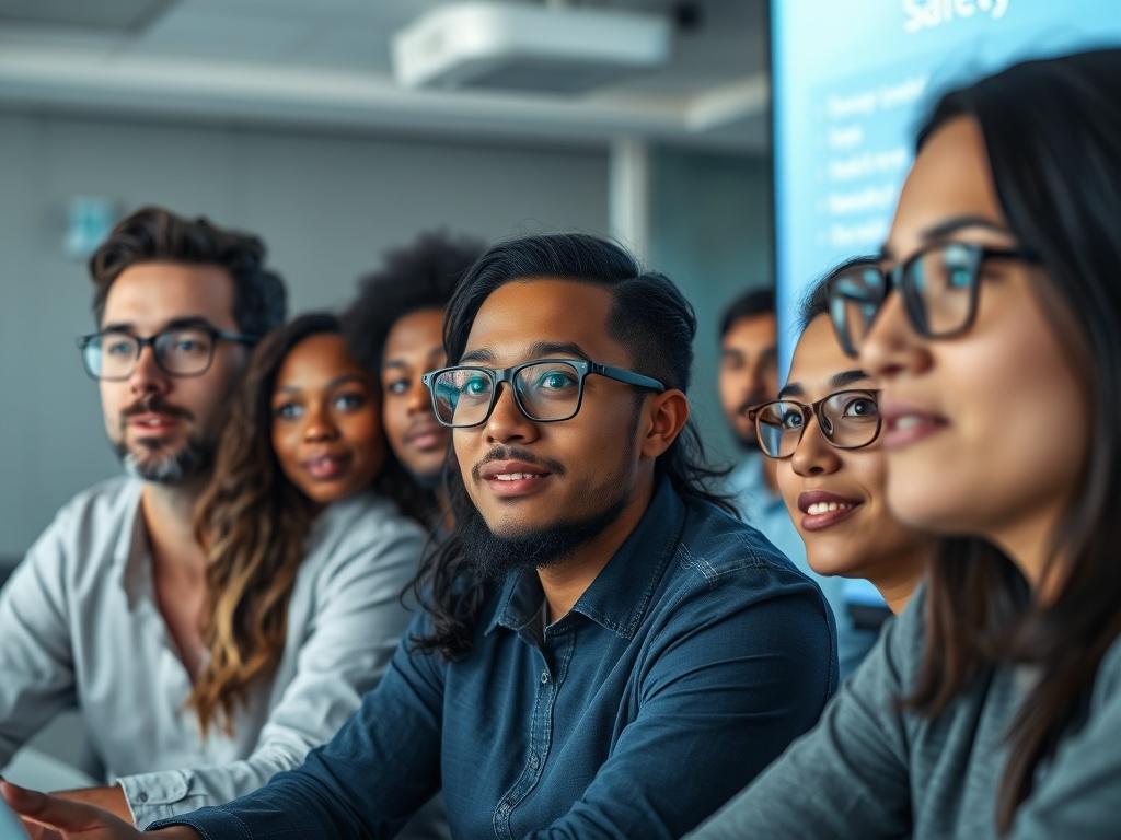 An engaging close-up of a diverse group of employees participating in a cybersecurity training session. The setting is a modern conference room with a projector displaying safety tips. The participants are actively involved, with expressions of curiosity and engagement, capturing the essence of teamwork and learning.