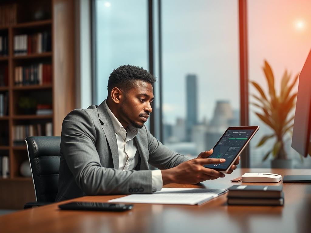 **AI Image Generation Prompt:**

Create a realistic high-resolution photo that visually represents the theme of a cybersecurity timeline focusing on the NIS2 directive. The composition should be simple and clear, featuring a single, central subject: a confident business professional seated at a modern desk, reviewing a digital timeline displayed on a sleek tablet. The individual is of diverse descent, showcasing thoughtful concentration as they analyze the data.

In the background, softly blurred, include e