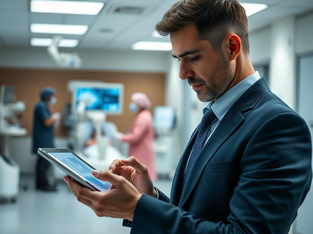 **AI Image Generation Prompt:**

Create a realistic high-resolution photo that captures the urgency and importance of cybersecurity in the healthcare sector under the NIS2 directive. The image should prominently feature a focused close-up of a hospital executive or cybersecurity officer, who is engaged in a serious discussion while reviewing a digital tablet displaying cybersecurity data. 

The subject should embody professionalism and concern, wearing business attire, with a contemplative expression while 