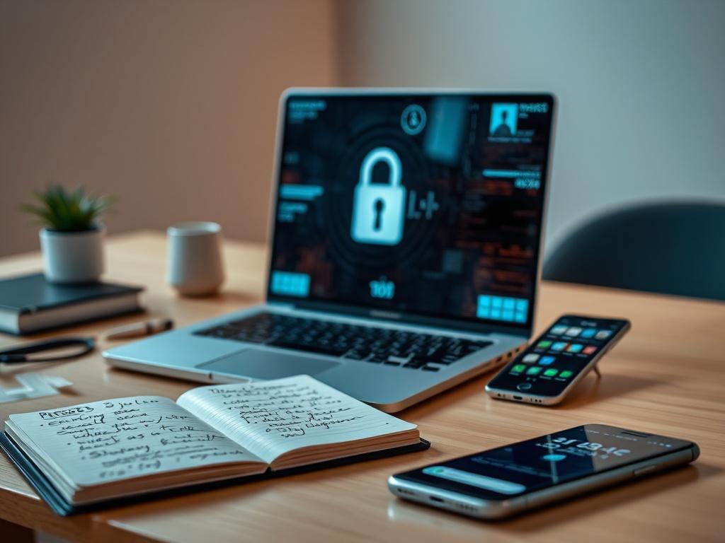 **AI Image Generation Prompt:**

Create a highly detailed, realistic high-resolution photo focused on a single subject: a sleek, modern laptop displaying a digital lock symbol on its screen. The laptop should be positioned on a minimalist desk with a few essential cybersecurity resources nearby, such as a notebook filled with handwritten notes on cybersecurity strategies, and a smartphone showing a security app interface. 

The background should be softly blurred to ensure the laptop remains the clear focal