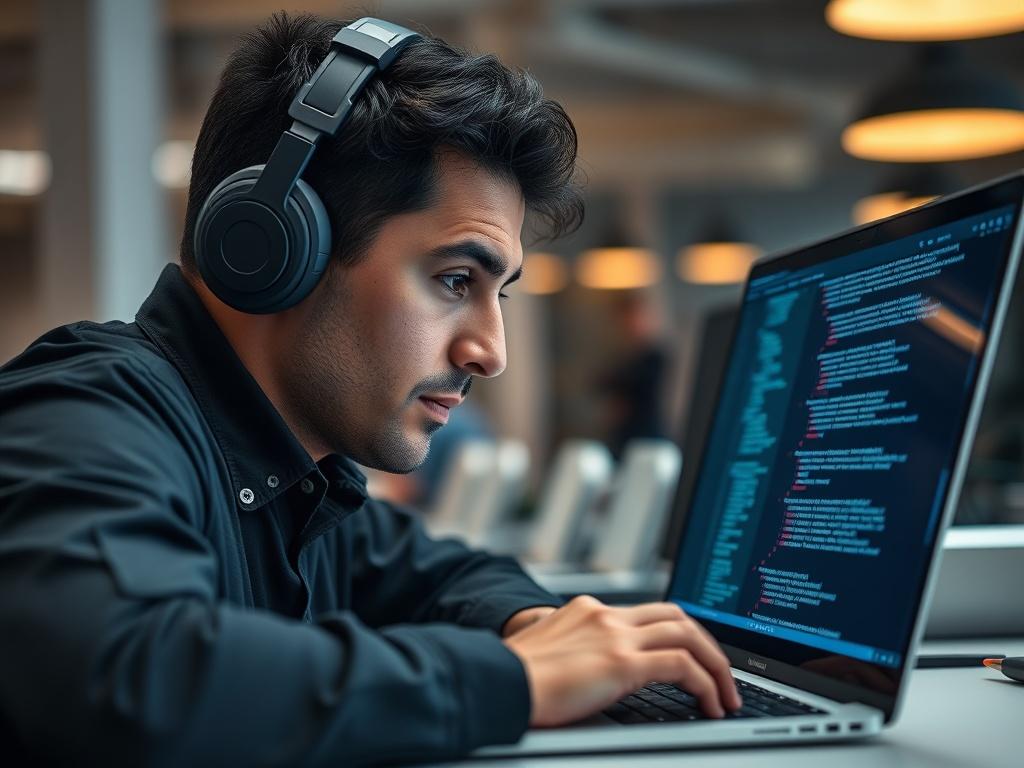 A close-up shot of a cybersecurity professional engaged in work, focusing on a laptop screen with code. The background is a modern office space with subtle hints of technology. The composition is simple and clear, showcasing the individual at work, shot with a 45mm f/1.2 lens style, in a color palette that complements #136A5C.