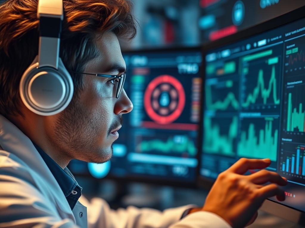 A close-up shot of a cybersecurity expert analyzing data on a high-resolution monitor. The background features elements of modern technology and security graphics. This image captures the essence of focus and dedication, composed in a way that highlights the professional's engagement with their work. The shot should be taken with a 45mm f/1.2 lens style, ensuring it resonates with the #136A5C color theme.