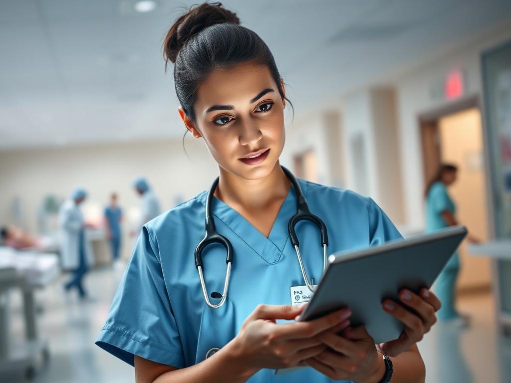 **AI Image Generation Prompt:**

Create a realistic high-resolution photo depicting a healthcare professional in a hospital setting, focused on a single subject: a nurse or doctor in scrubs, reviewing digital patient records on a tablet. The subject should have a concerned but determined expression, emphasizing their commitment to patient safety and data security. 

Position the healthcare professional centrally in the frame, with a depth of field that blurs the hospital environment slightly in the backgrou