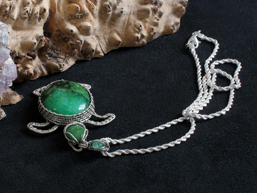 handmade emerald turtle necklace solid silver wireart jewelry<br>