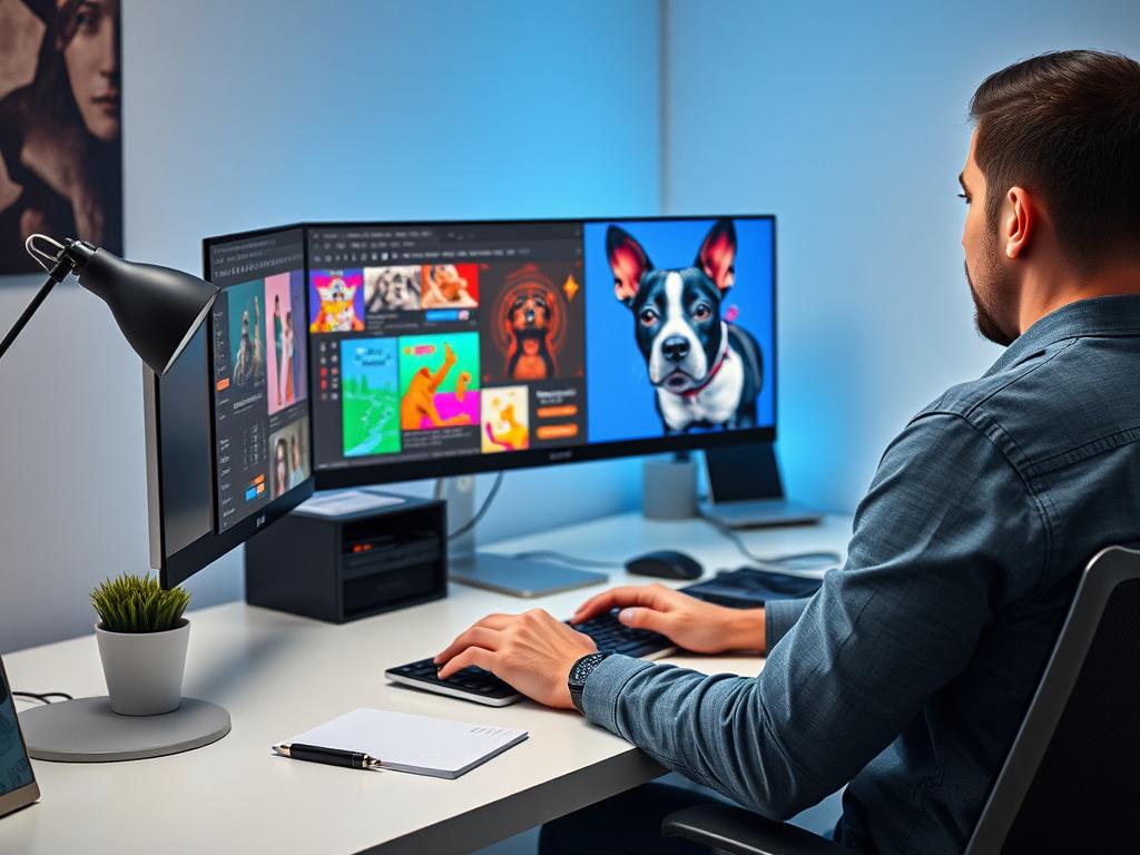 A lifelike, high-resolution image of a marketing designer working on a computer, creating vibrant graphics for an exotic bully kennel. The workspace should be modern and clean, with colorful designs on the screen. The focus should be on the designer's concentration and creativity, with elements of the marketing process visible, showcasing the passion for building a brand.