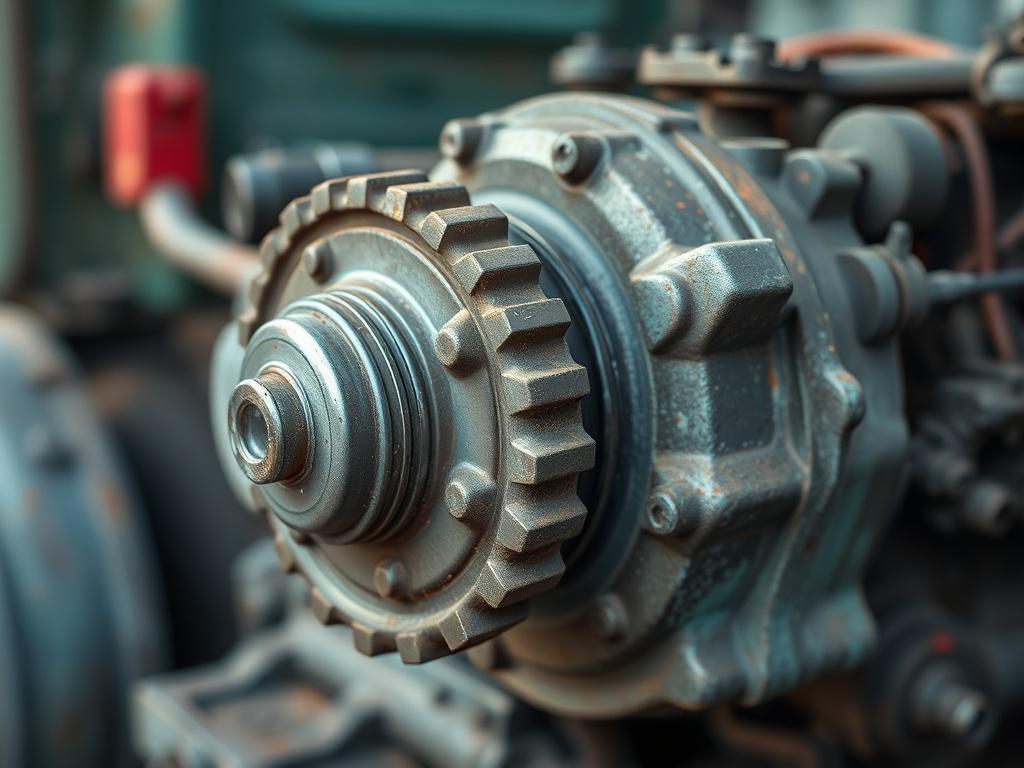 A realistic close up shot of a used truck gearbox,