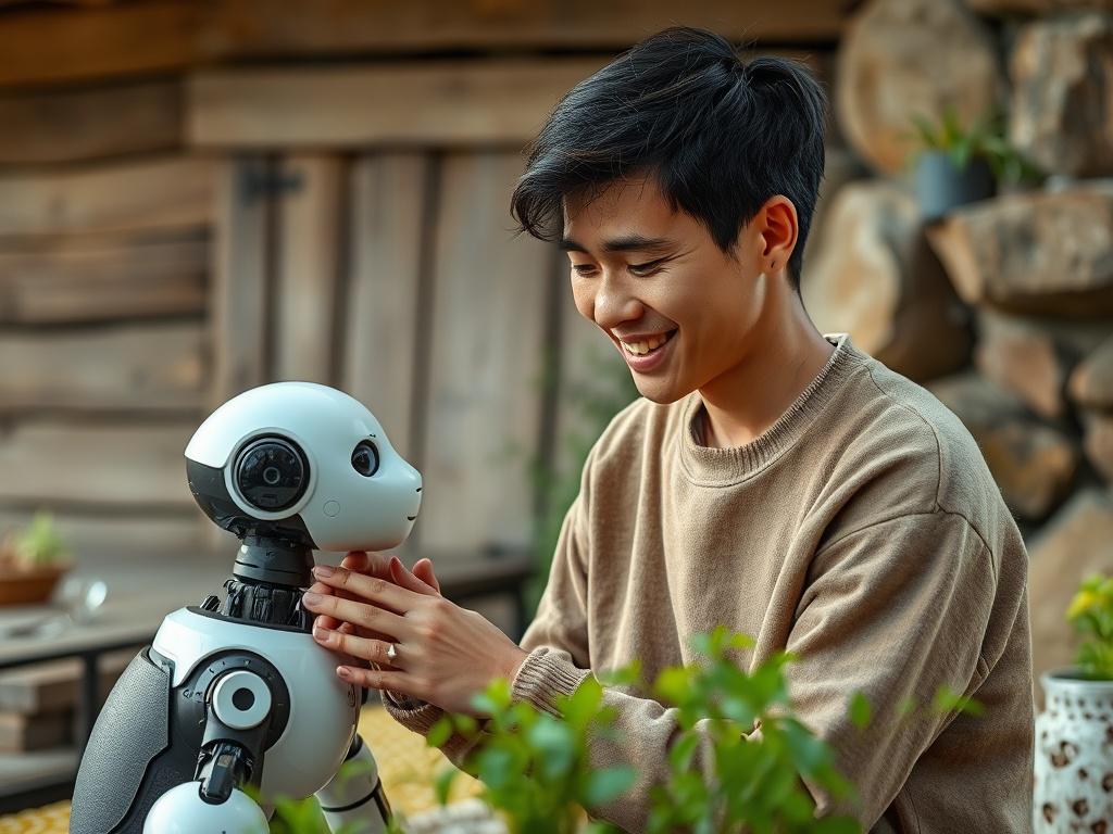 A realistic high-resolution photo of a serene outdoor setting with a person gently interacting with a lifelike AI companion. The person is smiling and looks engaged, showcasing a sense of connection. The background features soft earth tones, natural textures like wood and stone, and greenery that conveys a grounded, rustic aesthetic.
