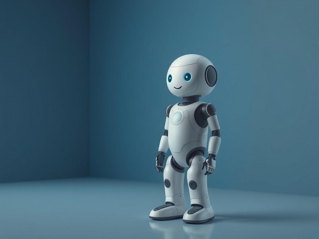 A realistic high-resolution photo of a friendly AI companion, designed as a humanoid robot with soft features, standing in a cool-toned environment with shades of rich blues and soft grays. The background should be minimalist, enhancing the focus on the AI companion, which should evoke feelings of warmth and approachability.