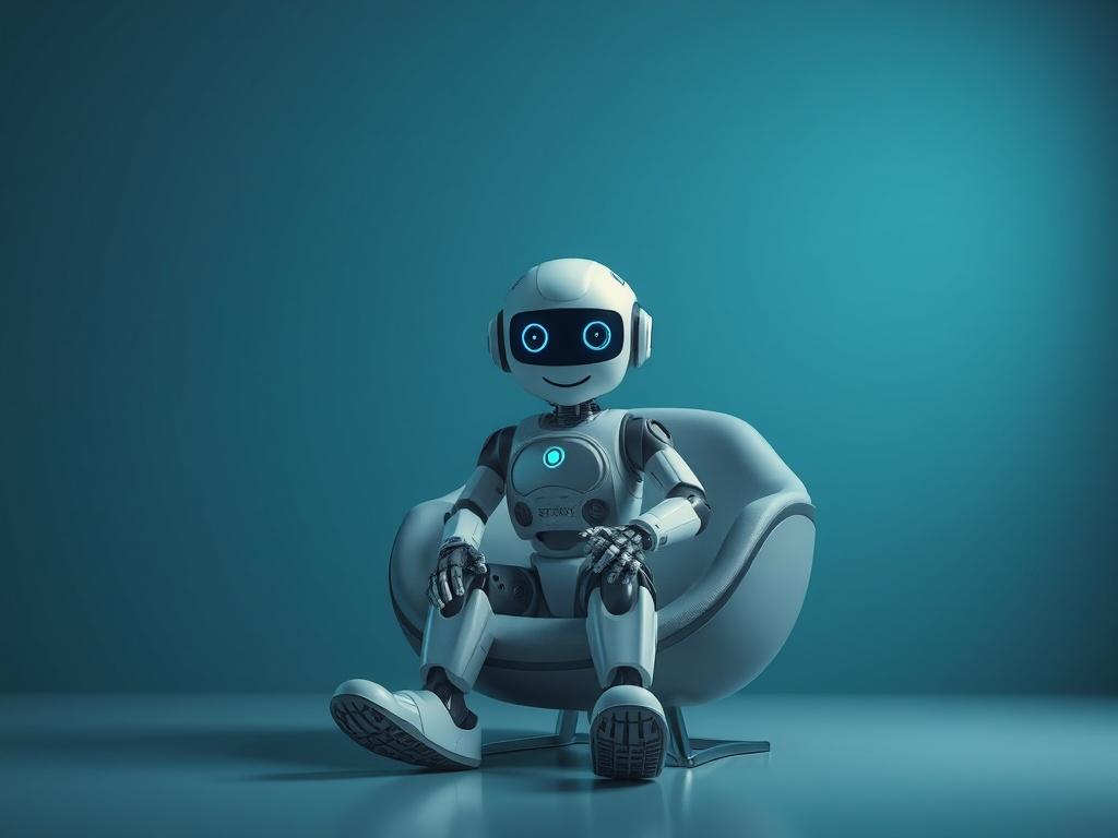 A realistic high-resolution image of a friendly AI robot in a modern, cool-toned environment featuring shades of rich blues and soft grays. The robot should be depicted sitting on a sleek, futuristic chair, gazing warmly at the viewer, with soft lighting that highlights its metallic features. The background should be minimalist, emphasizing the robot as the central subject, creating a calming and inviting atmosphere.