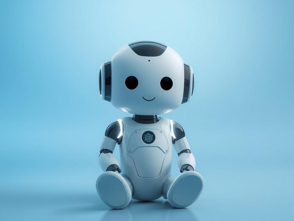 A realistic high-resolution photo of a sleek, modern AI robot sitting in a tranquil, cool-toned environment. The robot should have a friendly appearance with soft features and glowing accents. The background should be a blend of rich blues and soft grays, creating a calming atmosphere. The composition should focus solely on the robot, emphasizing its inviting expression and futuristic design.