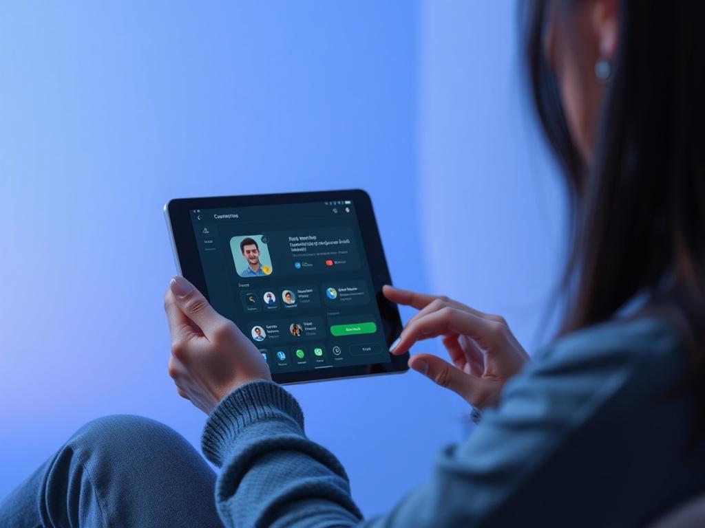A realistic high-resolution photo of a user customizing their AI bot on a sleek digital device. The device should display a user-friendly interface, while the background features cool-toned shades of blue and gray. The user looks engaged and excited, emphasizing the customizable nature of the AI. The scene should evoke a sense of innovation and personal connection.
