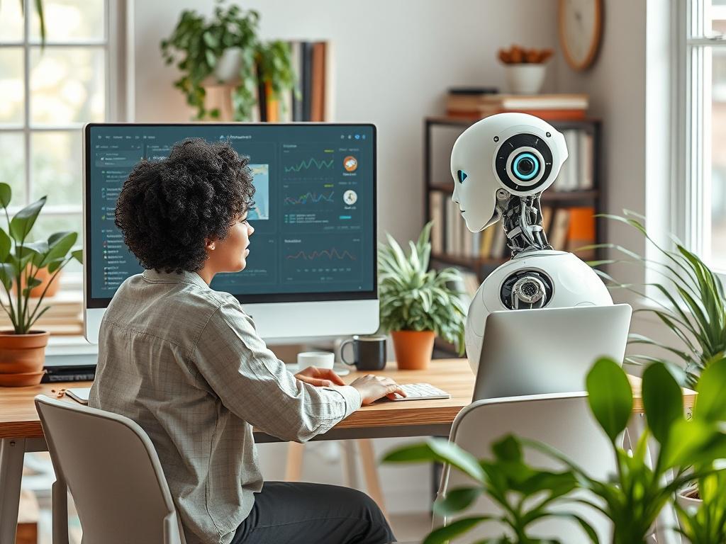 A high-resolution image depicting a person sitting at a desk, engaging with a humanoid AI companion on a computer screen. The setting is bright and modern, with plants, books, and natural textures around. The AI has a friendly expression, and the atmosphere is filled with a sense of collaboration.